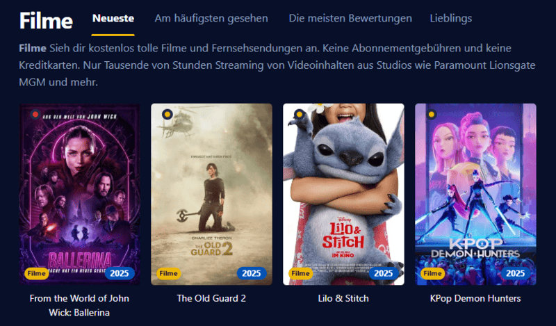 Bildschirmfoto von Einschalten einer modernen Streaming Plattform mit Filmen und Serien